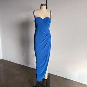 $398 NWT BCBGMaxAzria Asymmetrical Side Drape Dress in Larkspur Blue Sz 4